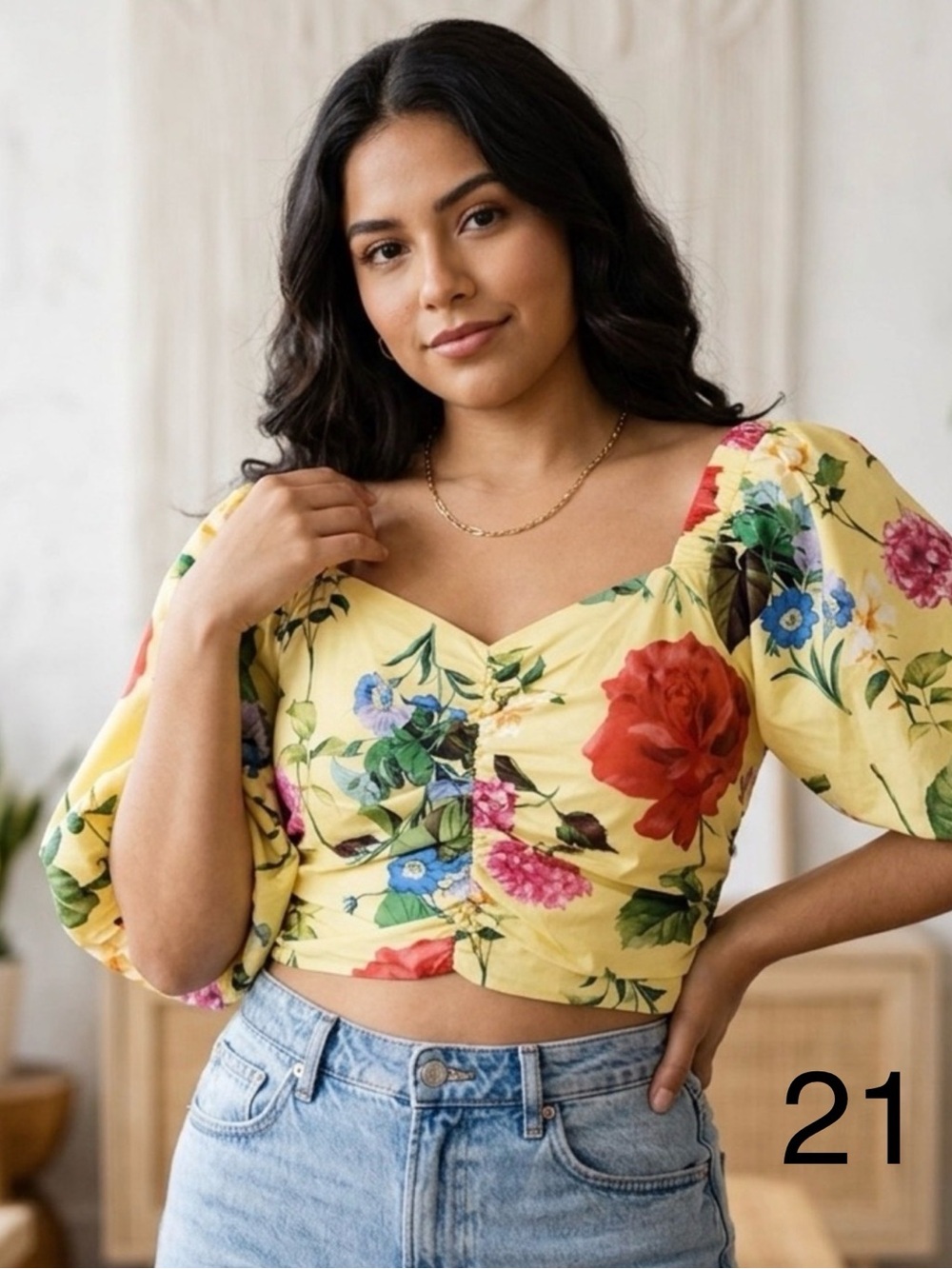 Express Yellow Floral Puff-Sleeve Cropped Top
